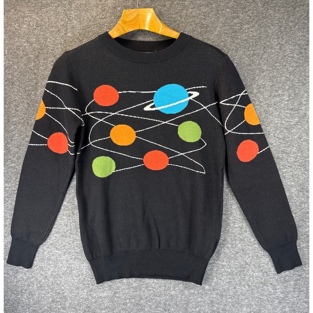 NWT OXKNIT Planet Solar System Sweater Womens S Black Retro Space Graphic Cotton - Picture 2 of 12